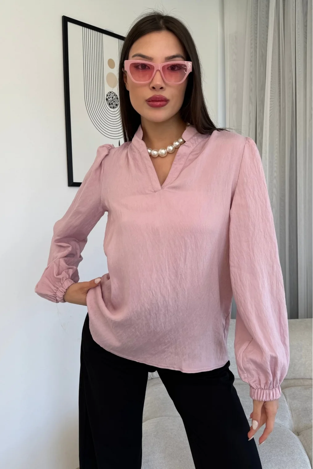 Hakim Yaka Viskon Bluz 6008-Pudra