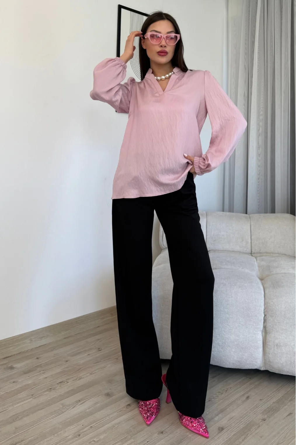 Hakim Yaka Viskon Bluz 6008-Pudra