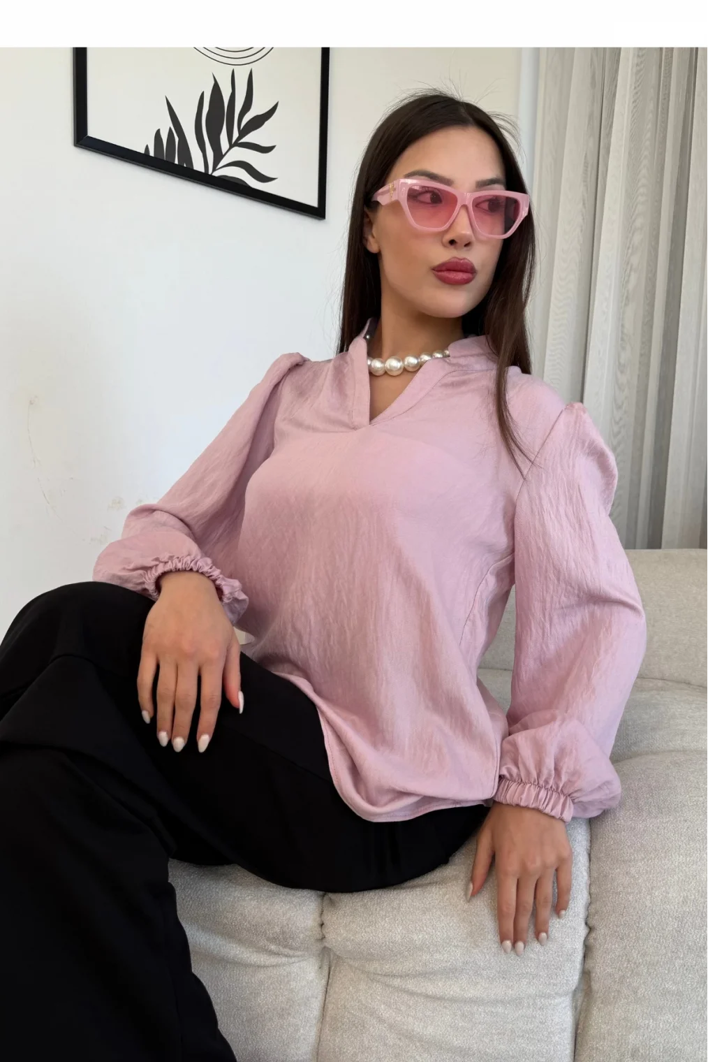 Hakim Yaka Viskon Bluz 6008-Pudra