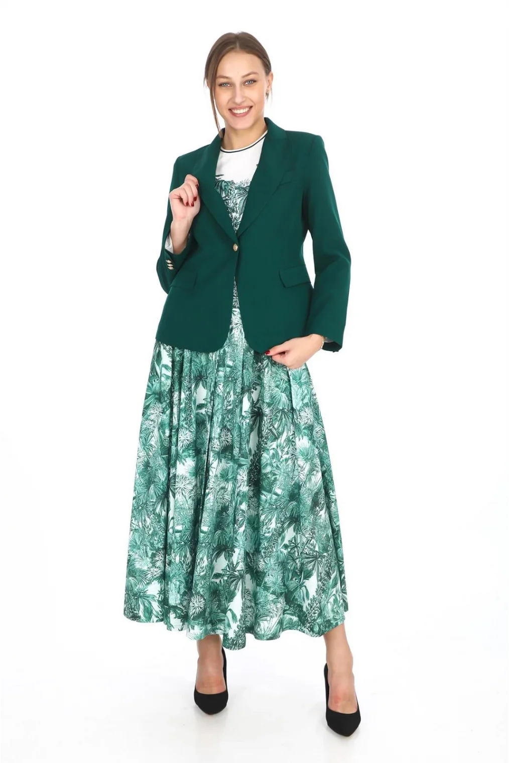 İç Bluzlu Blazer Ceketli Etekli Üçlü Takım 4711-Zümrüt Yeşili