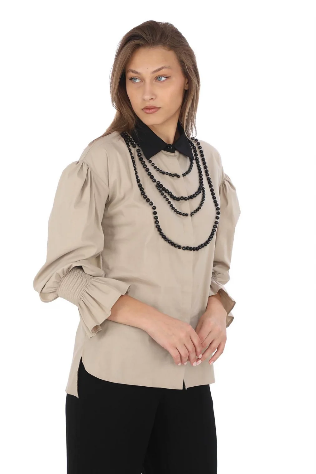 İnci Kolye İşlemeli Bluz 4704-Bej