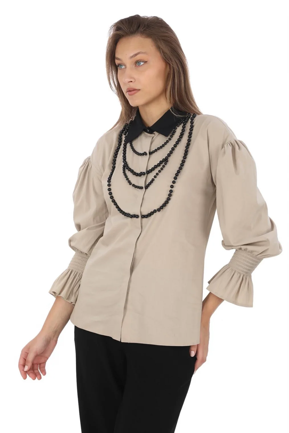 İnci Kolye İşlemeli Bluz 4704-Bej