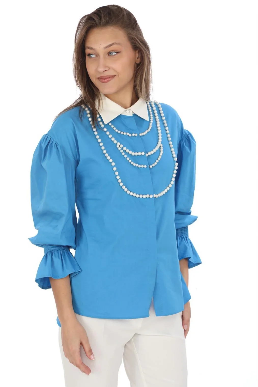 İnci Kolye İşlemeli Bluz 4704-Mavi