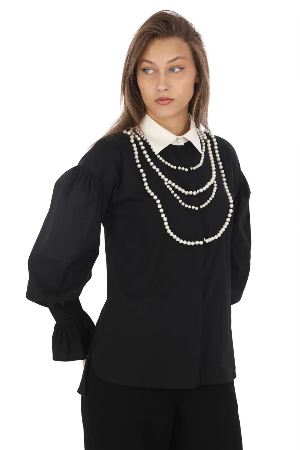 İnci Kolye İşlemeli Bluz 4704-Siyah