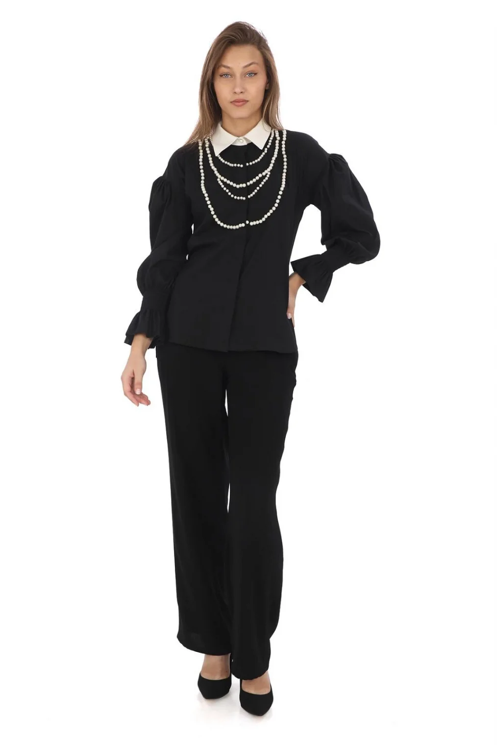 İnci Kolye İşlemeli Bluz 4704-Siyah