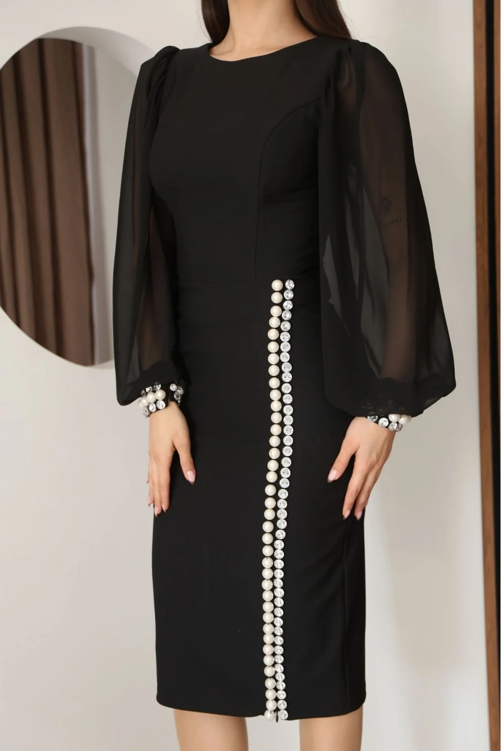 İnci ve Taş Süslemeli Balon Kol Abiye Elbise 2244-Siyah