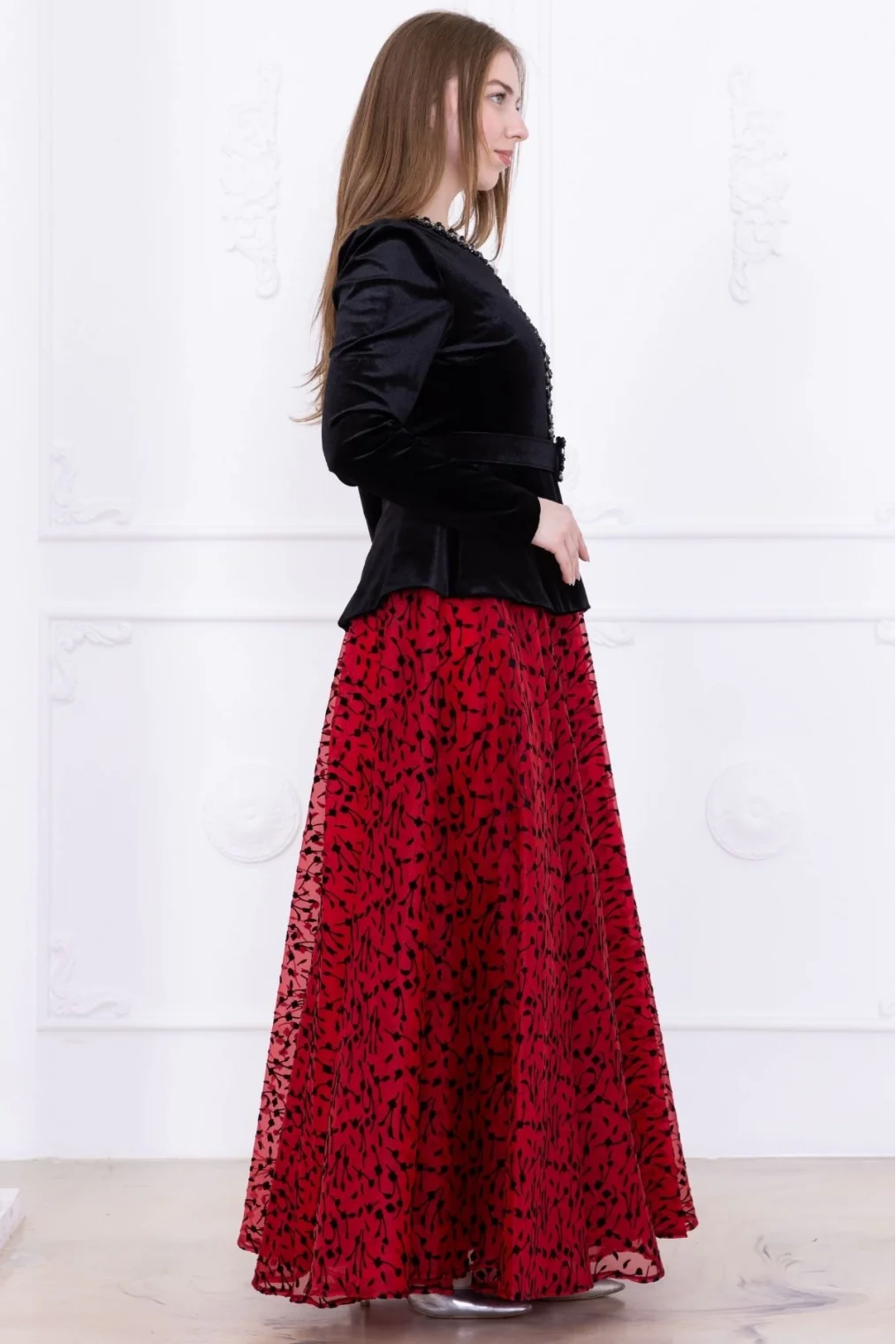 İşleme Detaylı Kadife Abiye Elbise 2748-Siyah/Kırmızı