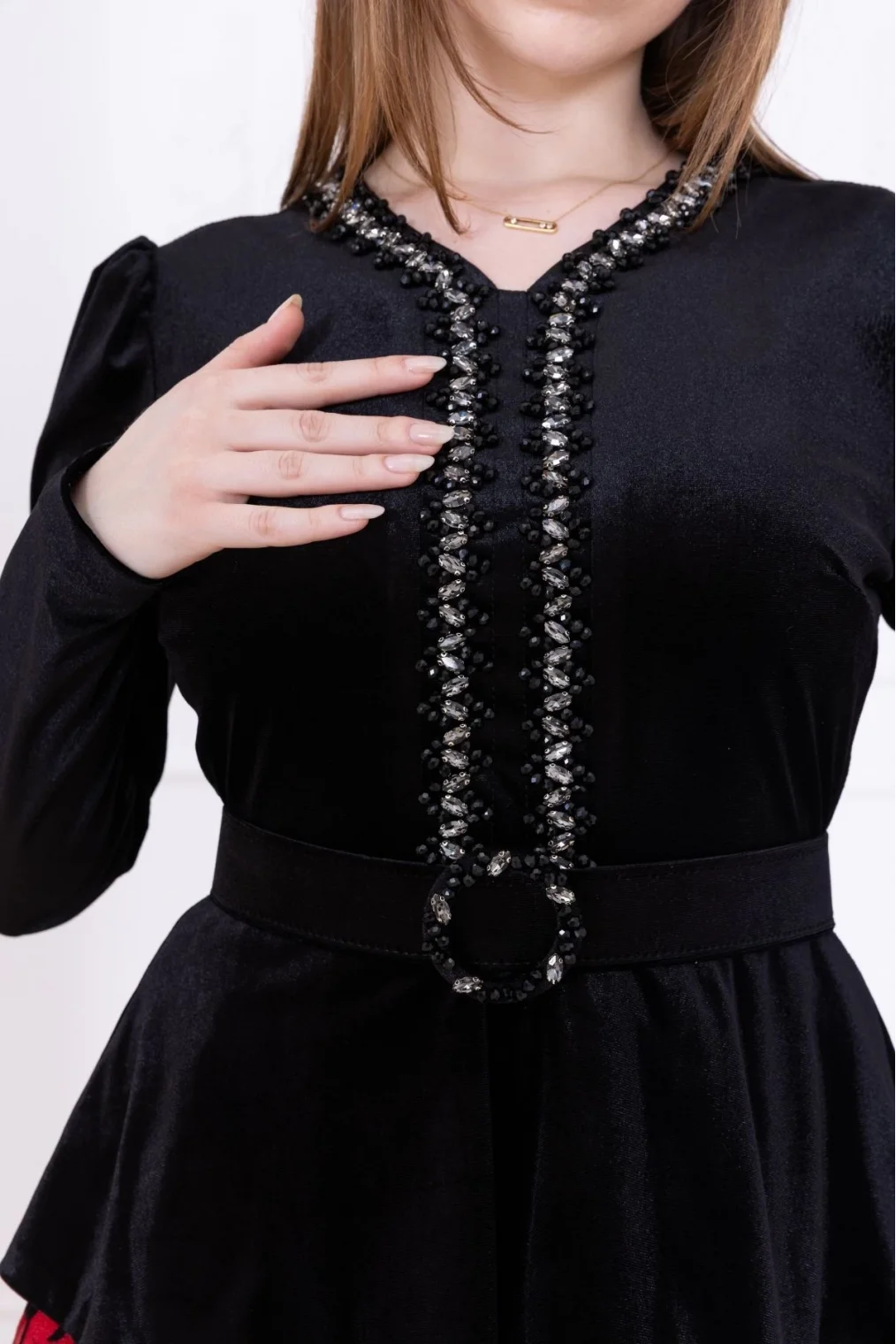 İşleme Detaylı Kadife Abiye Elbise 2748-Siyah/Kırmızı