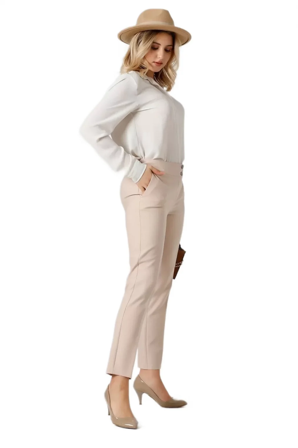 Kadın Kumaş Pantolon Cep Detaylı Bilek Boy 1712-Bej