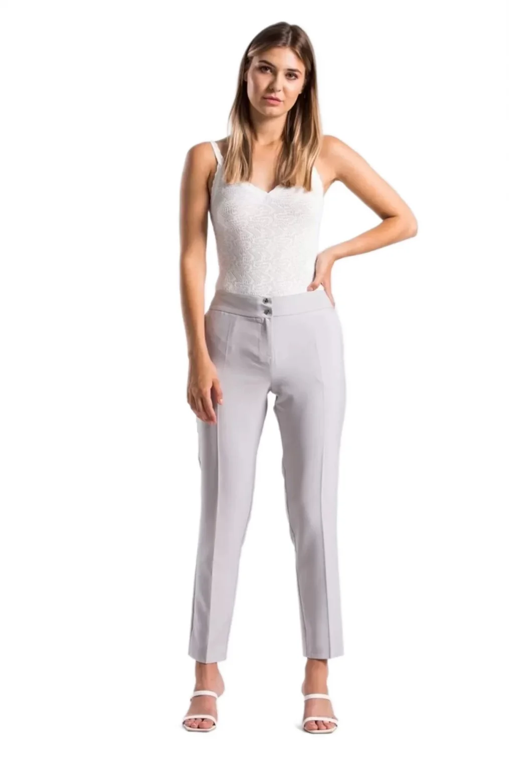 Kadın Kumaş Pantolon Cep Detaylı Bilek Boy 1712-GRİ