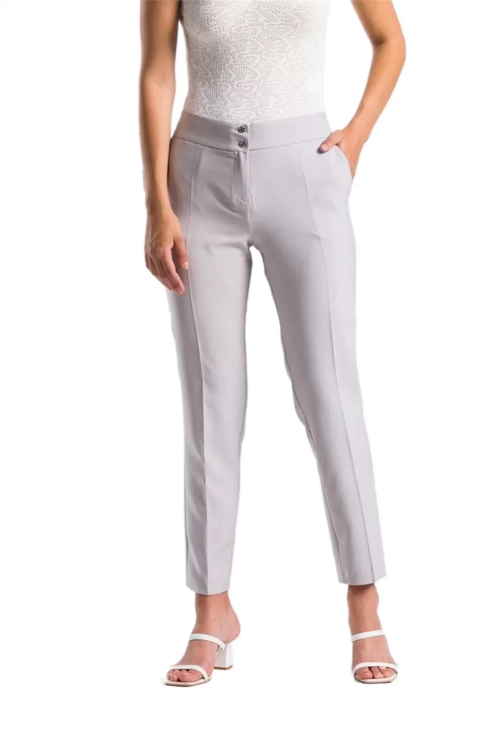 Kadın Kumaş Pantolon Cep Detaylı Bilek Boy 1712-GRİ