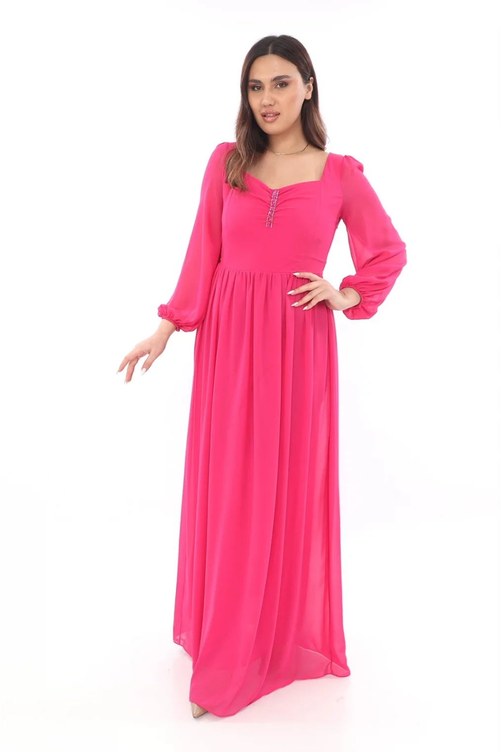 Kalp Yaka Büyük Beden Elbise 1785-Fuşya