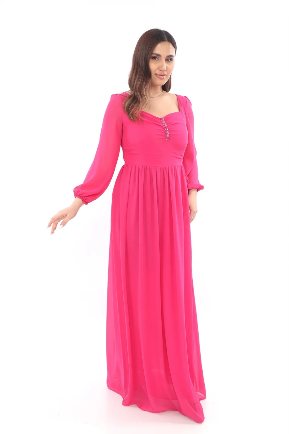 Kalp Yaka Büyük Beden Elbise 1785-Fuşya
