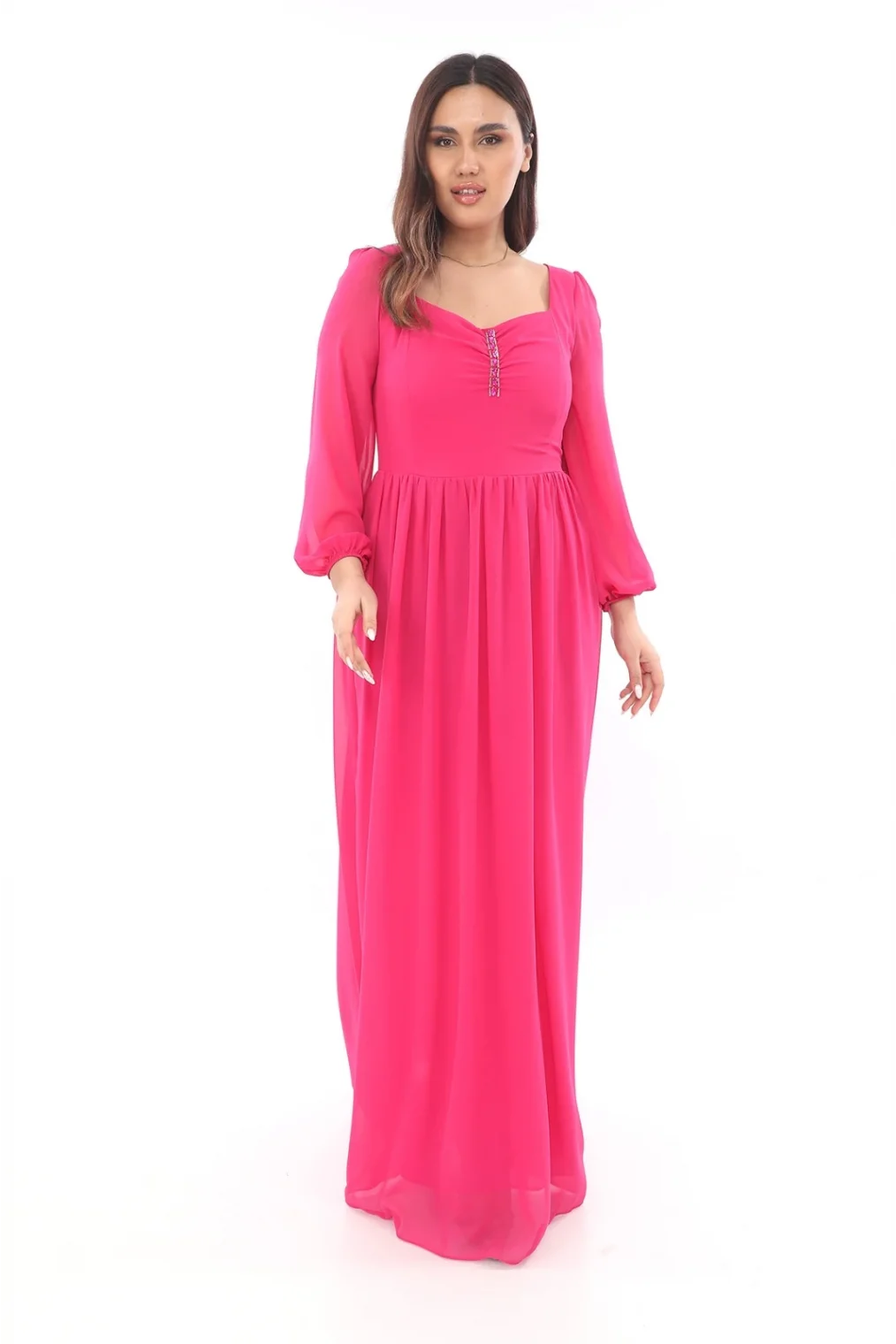 Kalp Yaka Büyük Beden Elbise 1785-Fuşya