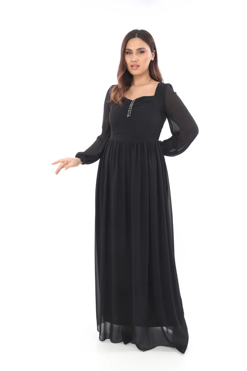 Kalp Yaka Büyük Beden Elbise 1785-Siyah
