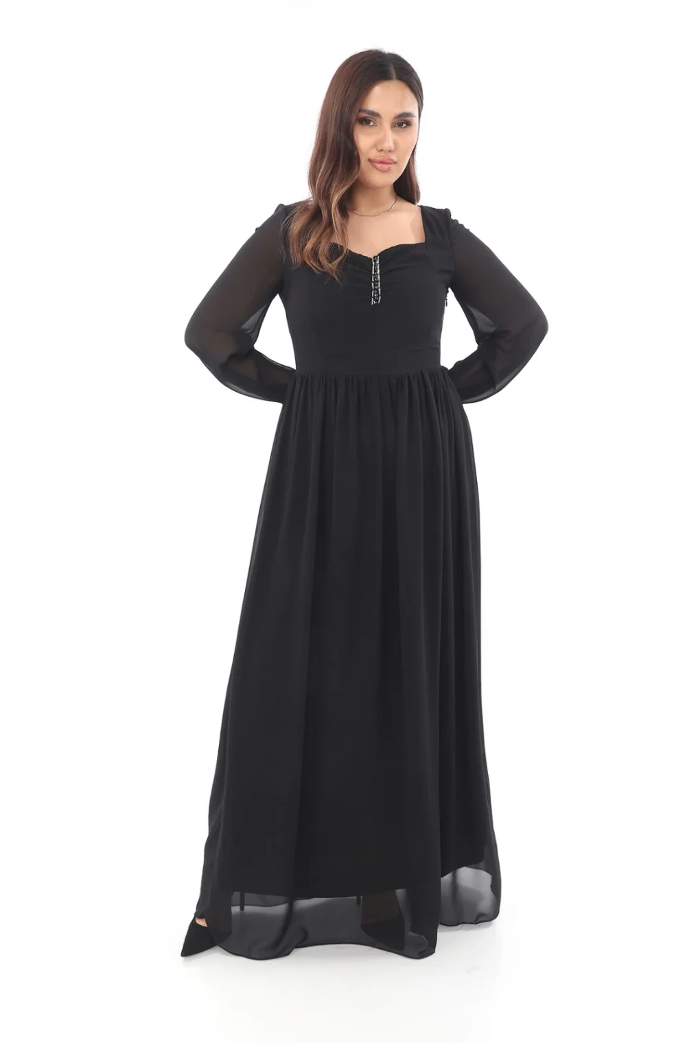 Kalp Yaka Büyük Beden Elbise 1785-Siyah