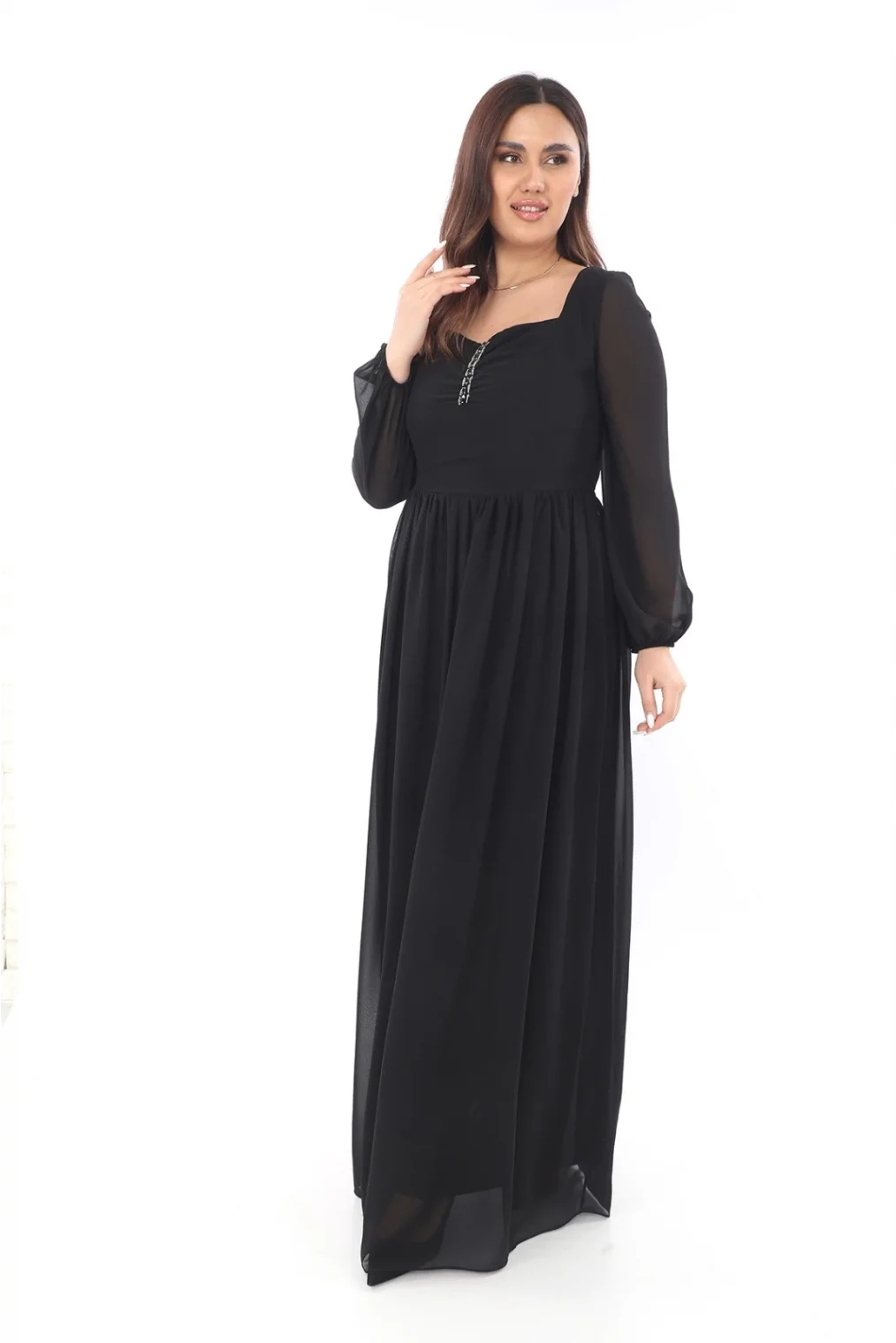 Kalp Yaka Büyük Beden Elbise 1785-Siyah