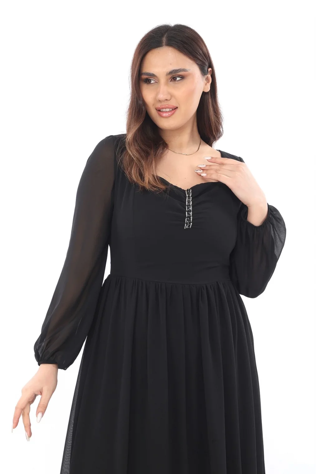 Kalp Yaka Büyük Beden Elbise 1785-Siyah