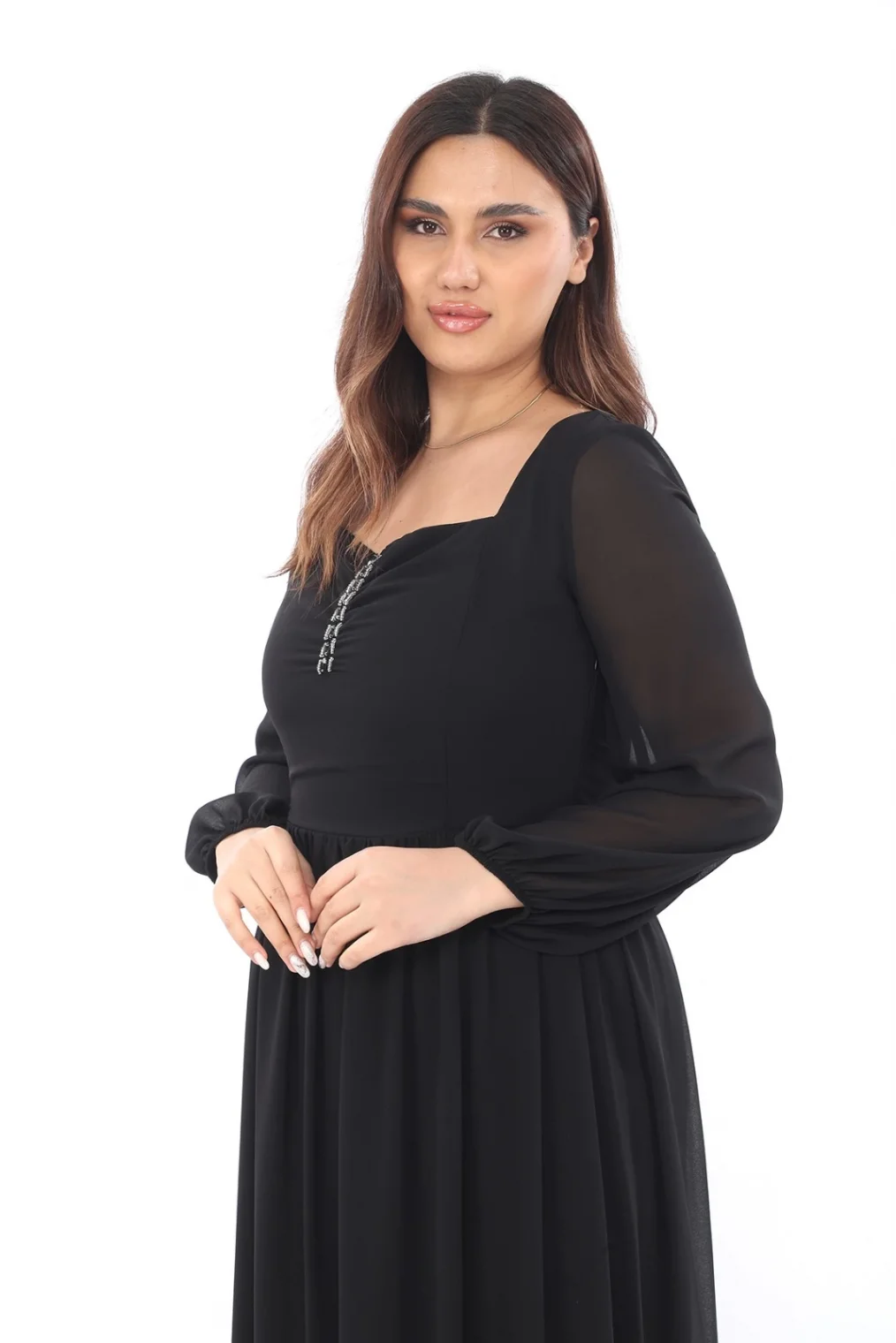 Kalp Yaka Büyük Beden Elbise 1785-Siyah