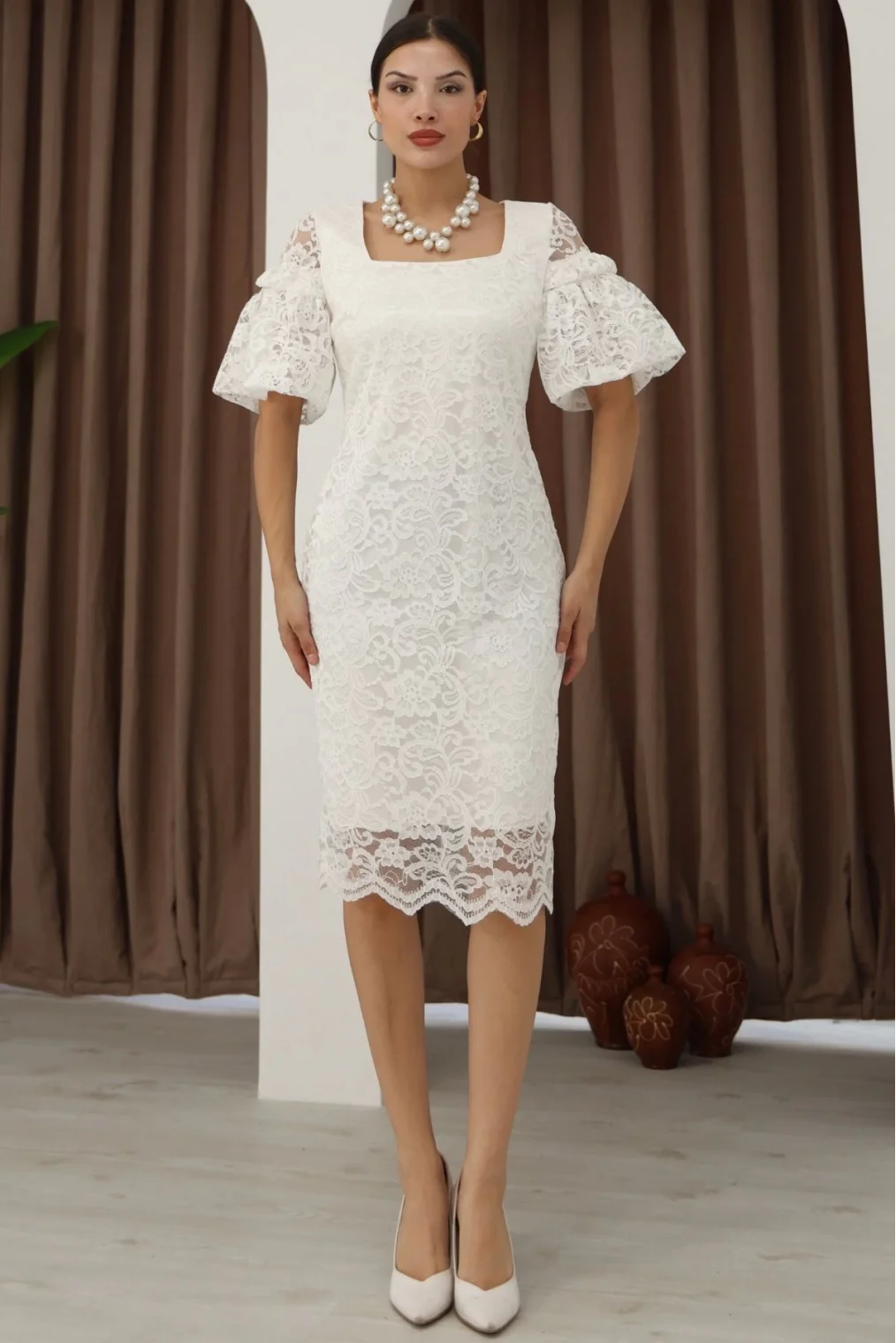 Kare Yaka Balon Kollu Dantel Elbise 6039-Beyaz