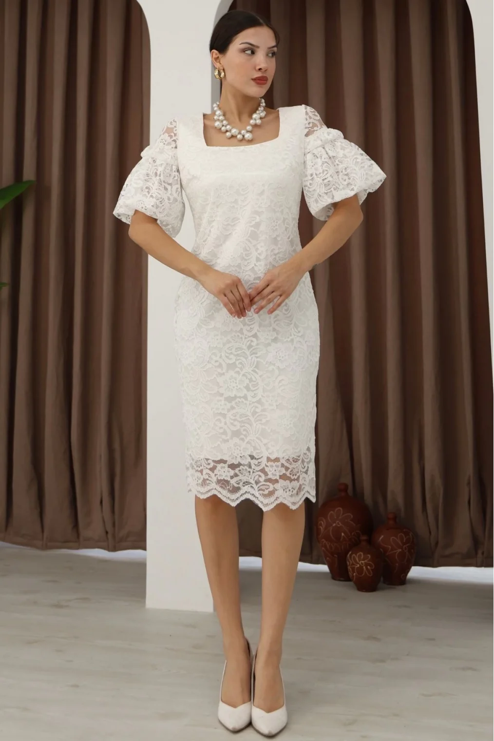 Kare Yaka Balon Kollu Dantel Elbise 6039-Beyaz