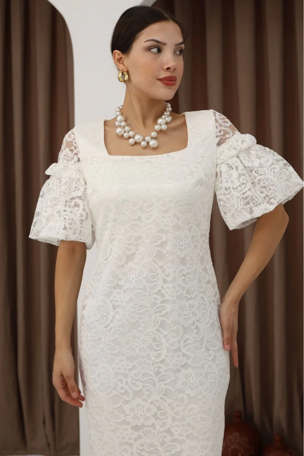 Kare Yaka Balon Kollu Dantel Elbise 6039-Beyaz