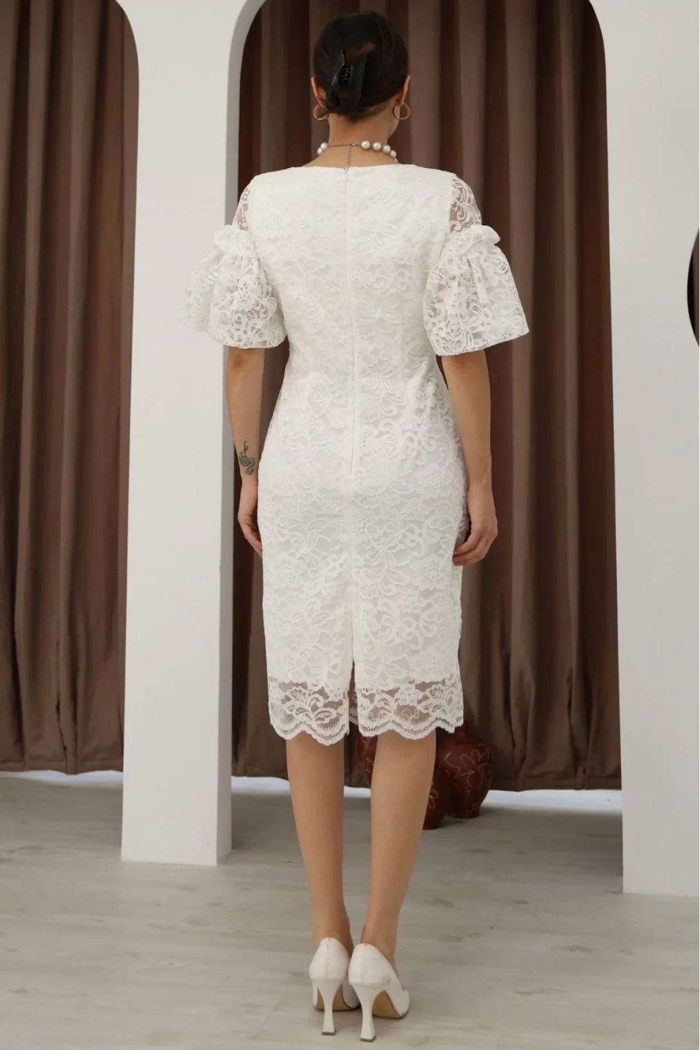 Kare Yaka Balon Kollu Dantel Elbise 6039-Beyaz