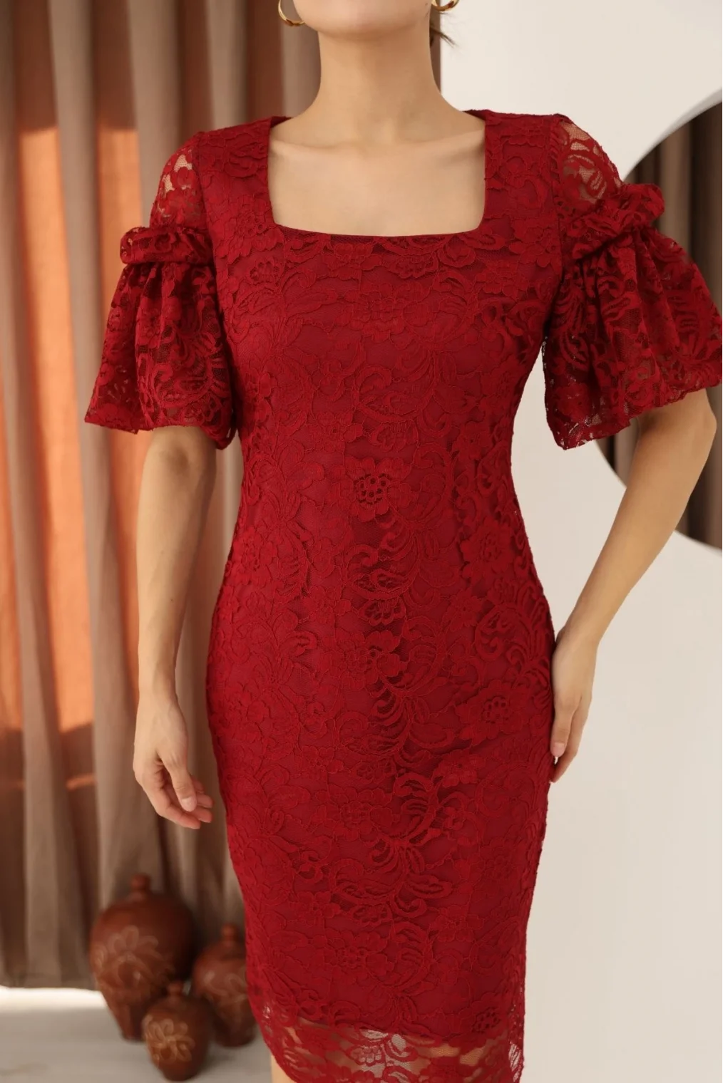 Kare Yaka Balon Kollu Dantel Elbise 6039-Bordo