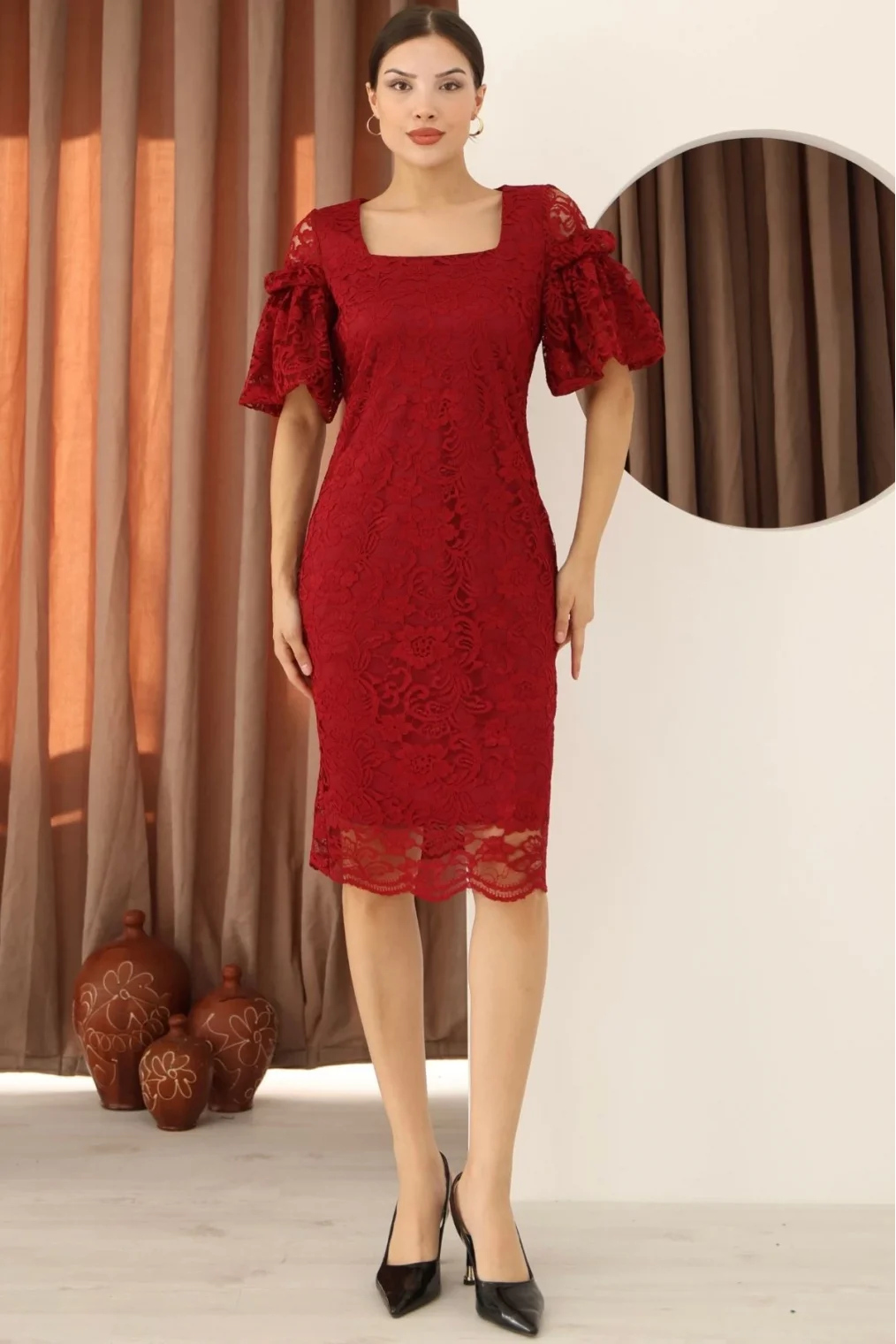 Kare Yaka Balon Kollu Dantel Elbise 6039-Bordo