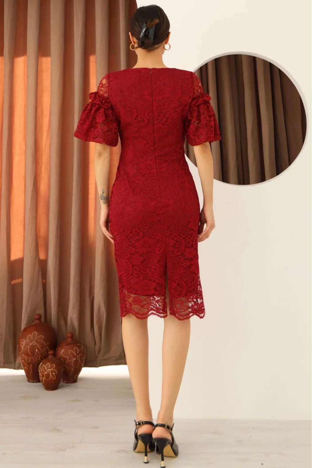 Kare Yaka Balon Kollu Dantel Elbise 6039-Bordo