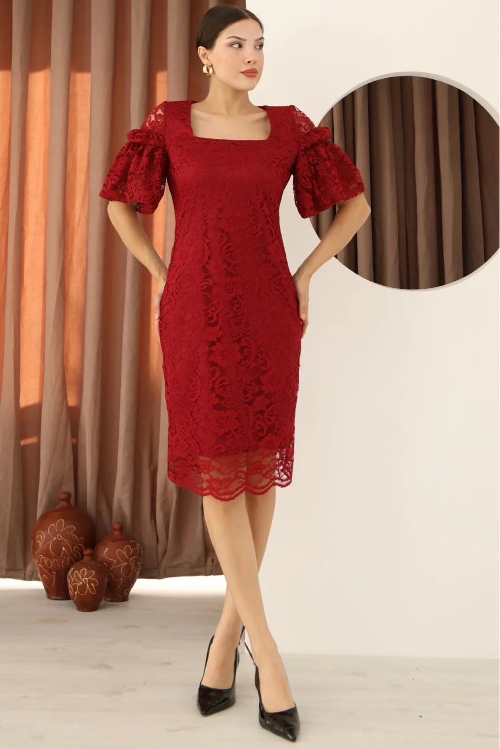 Kare Yaka Balon Kollu Dantel Elbise 6039-Bordo