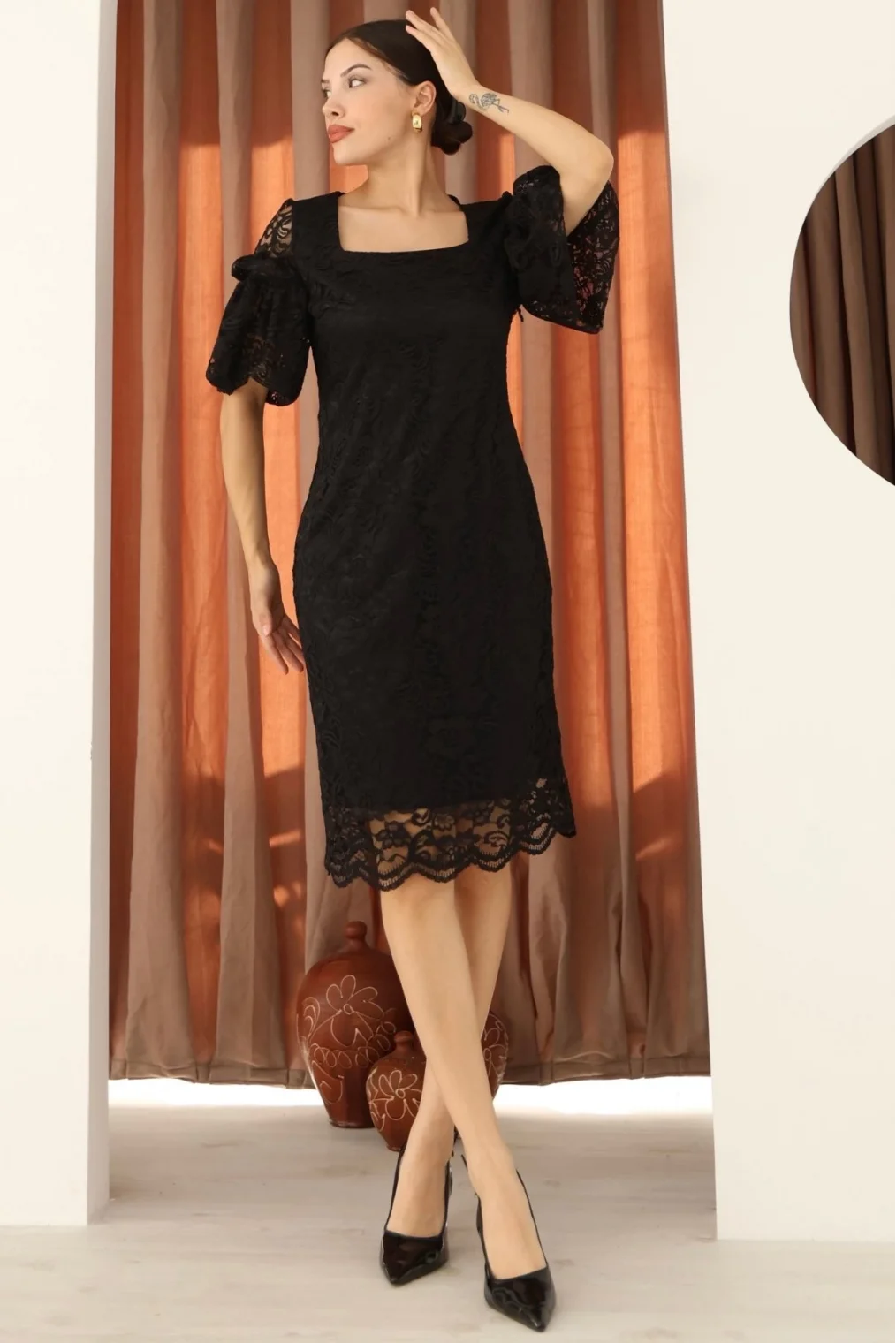 Kare Yaka Balon Kollu Dantel Elbise 6039-Siyah