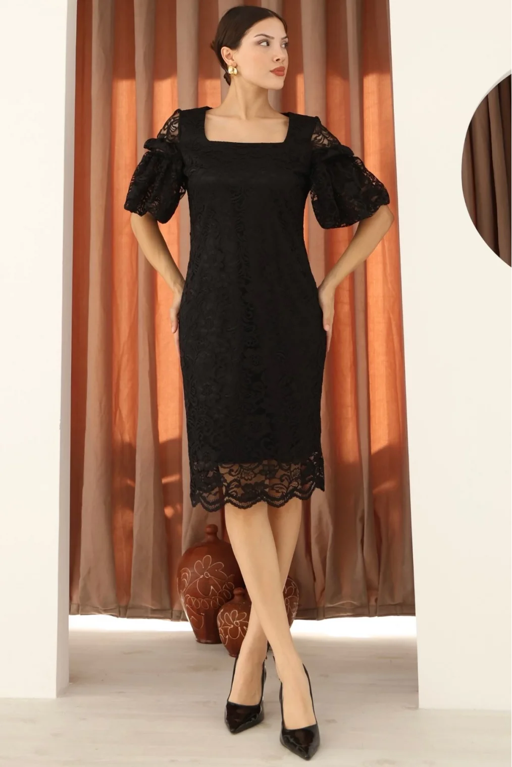 Kare Yaka Balon Kollu Dantel Elbise 6039-Siyah