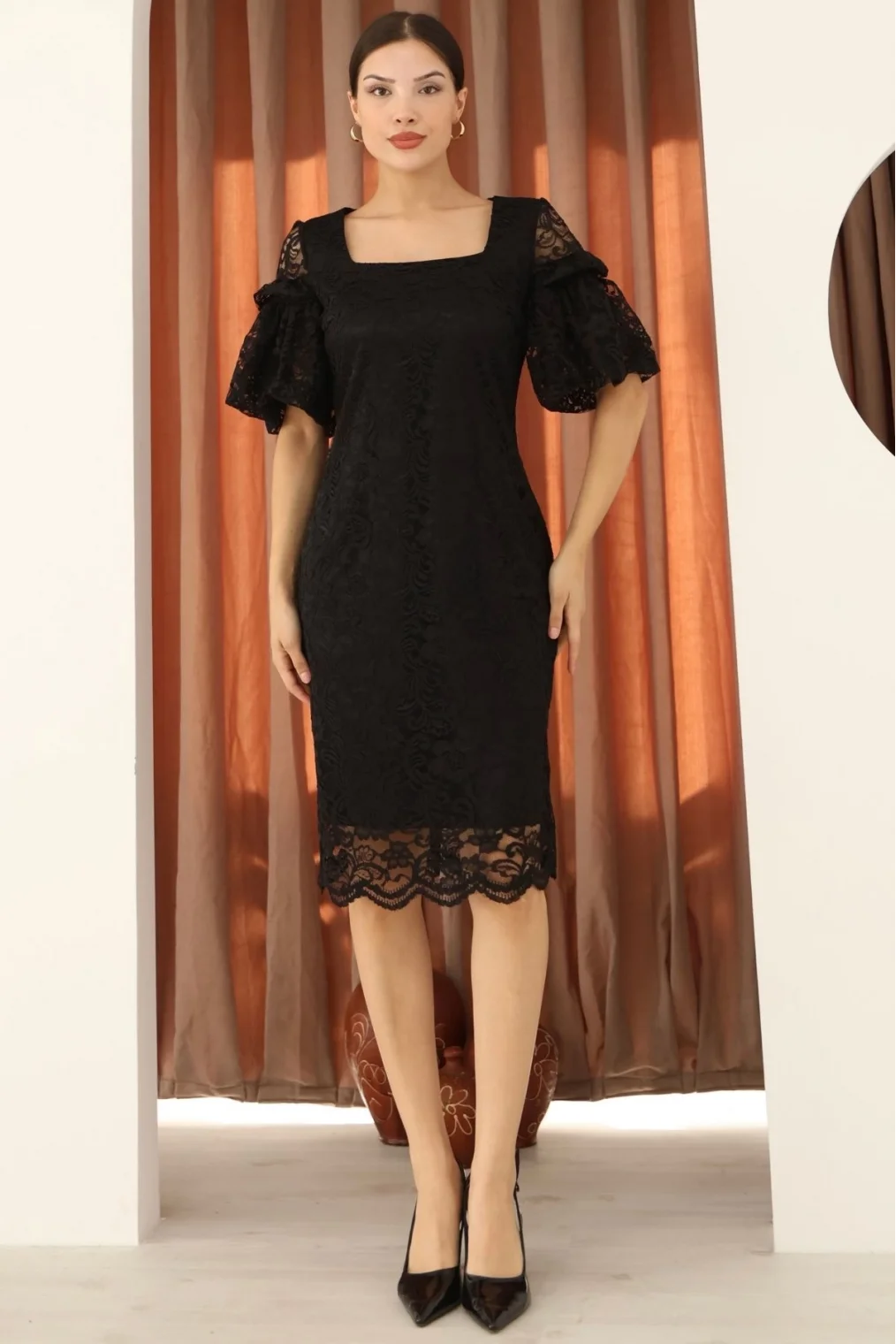 Kare Yaka Balon Kollu Dantel Elbise 6039-Siyah