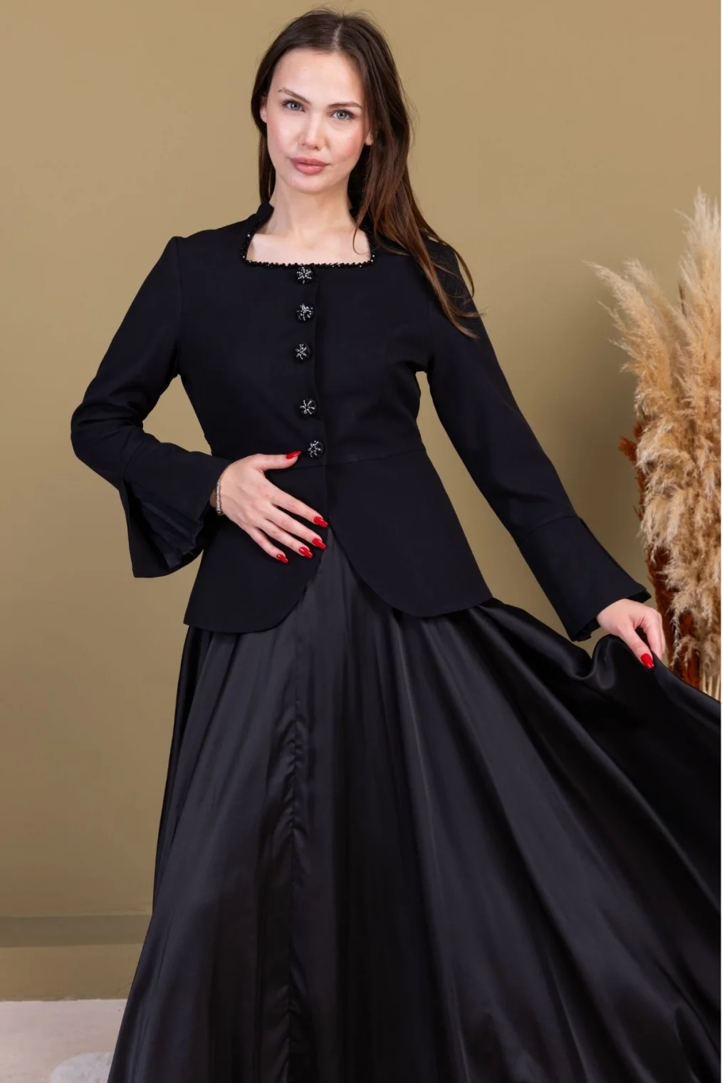 Kare Yaka İşlemeli İkili Takım 4718-Siyah