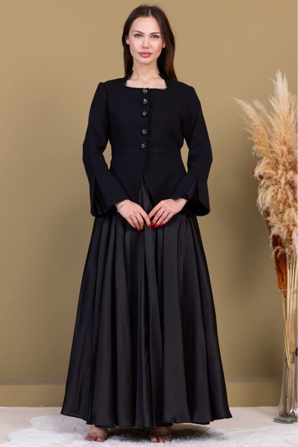 Kare Yaka İşlemeli İkili Takım 4718-Siyah