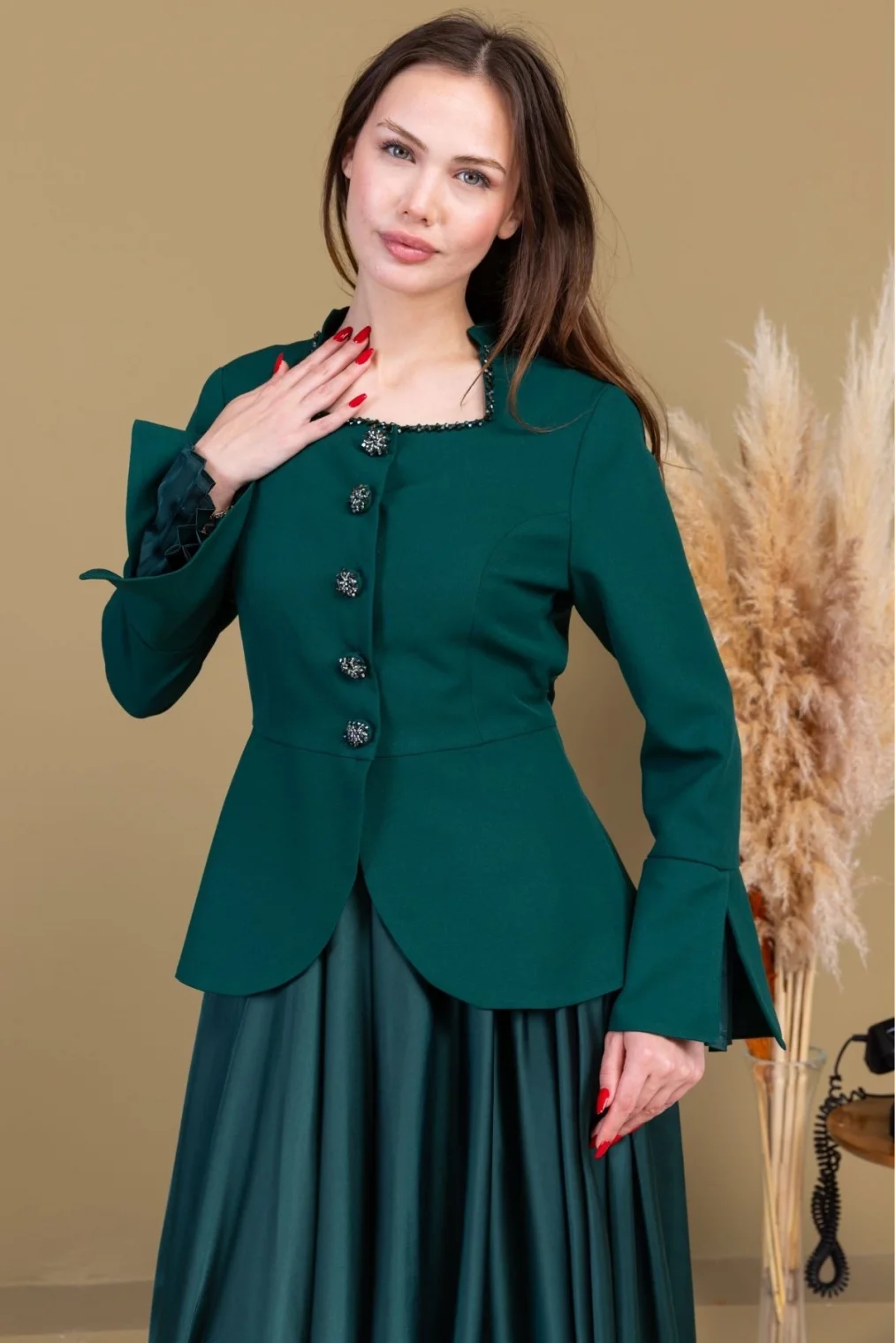 Kare Yaka İşlemeli İkili Takım 4718-Zümrüt Yeşili