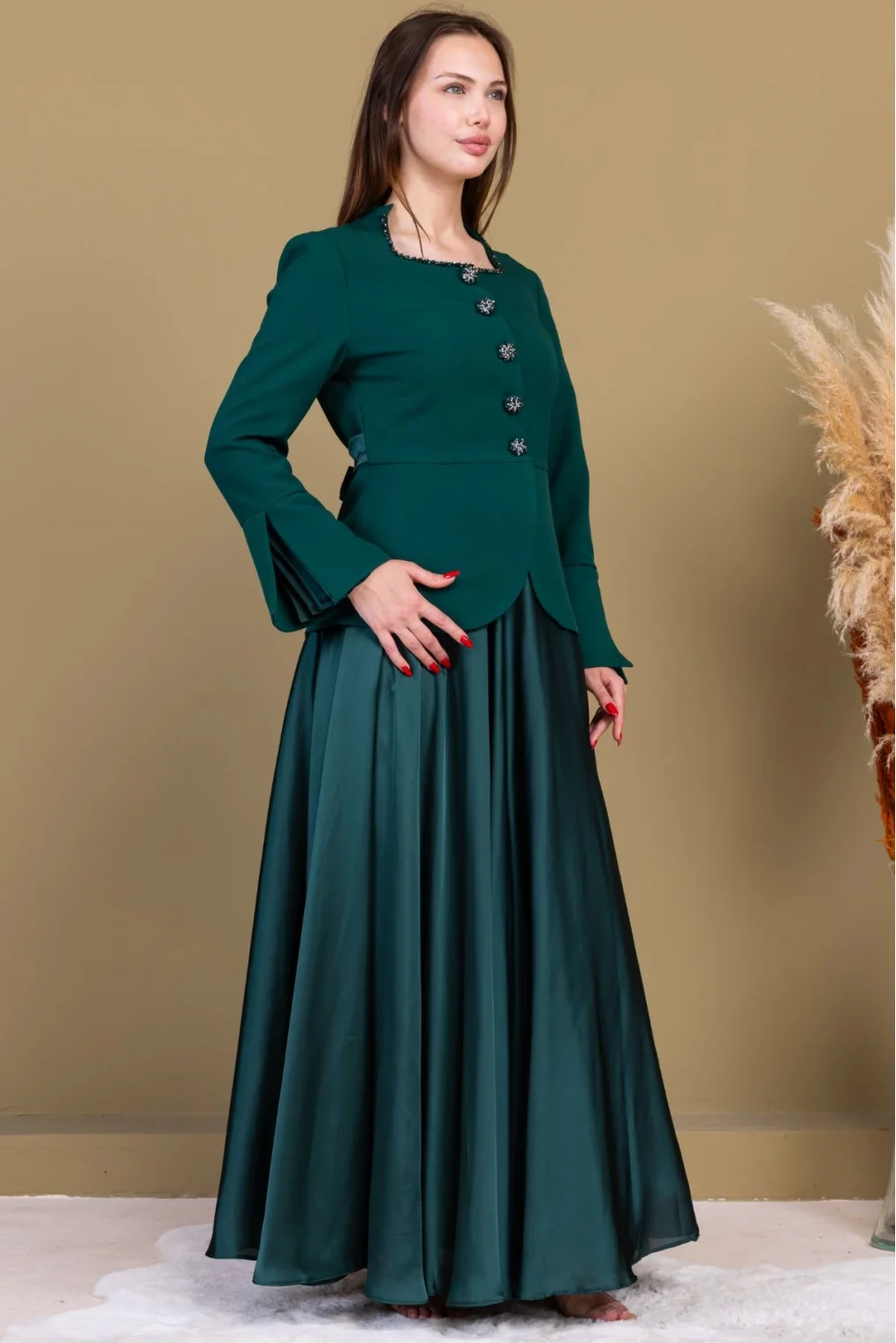 Kare Yaka İşlemeli İkili Takım 4718-Zümrüt Yeşili