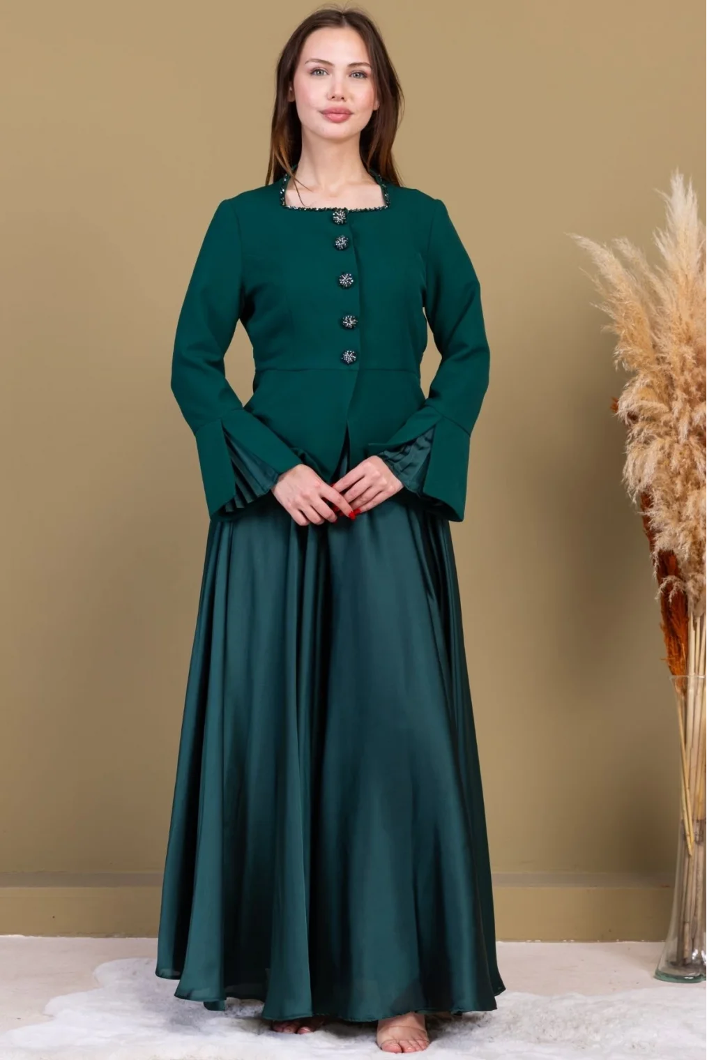 Kare Yaka İşlemeli İkili Takım 4718-Zümrüt Yeşili