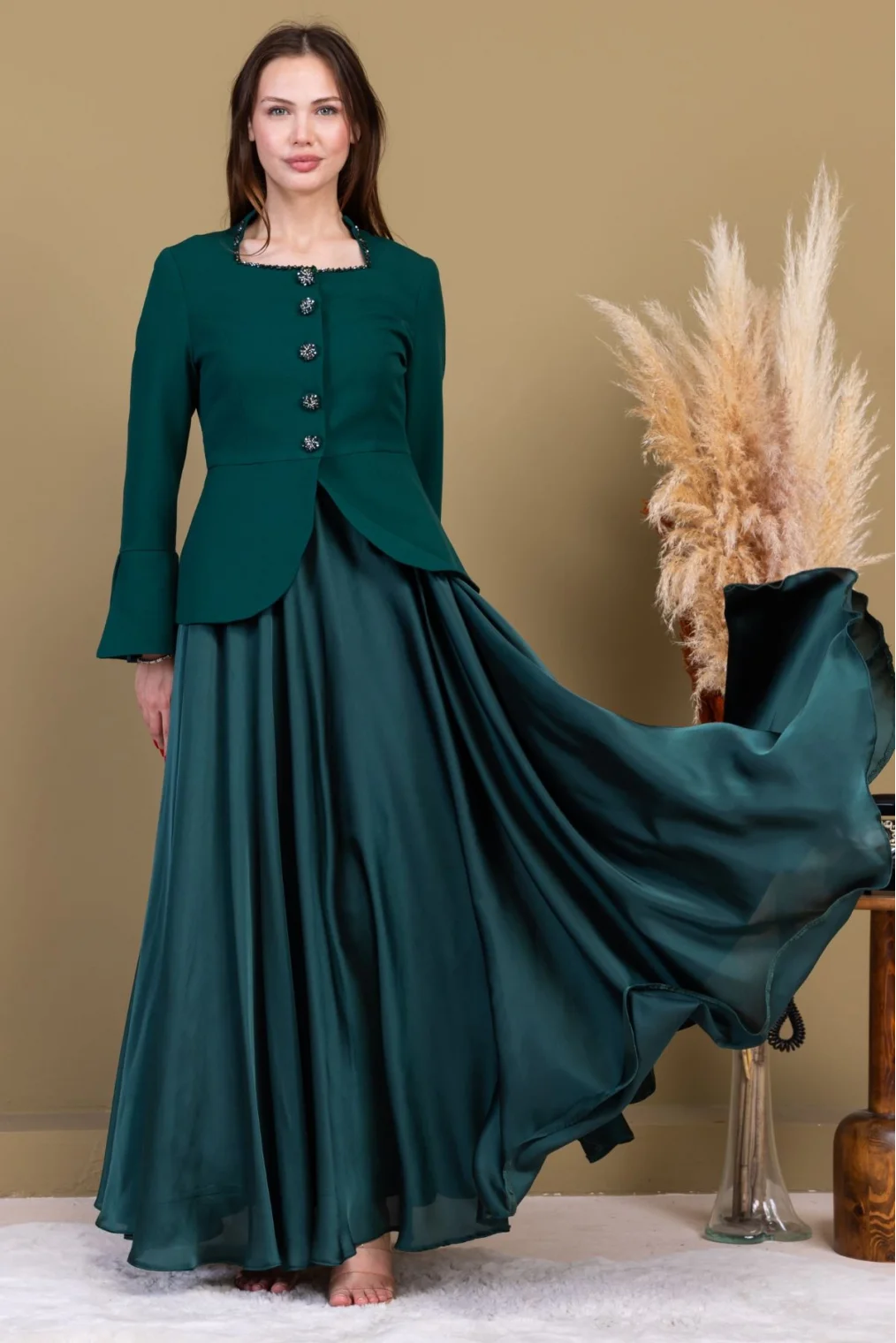 Kare Yaka İşlemeli İkili Takım 4718-Zümrüt Yeşili