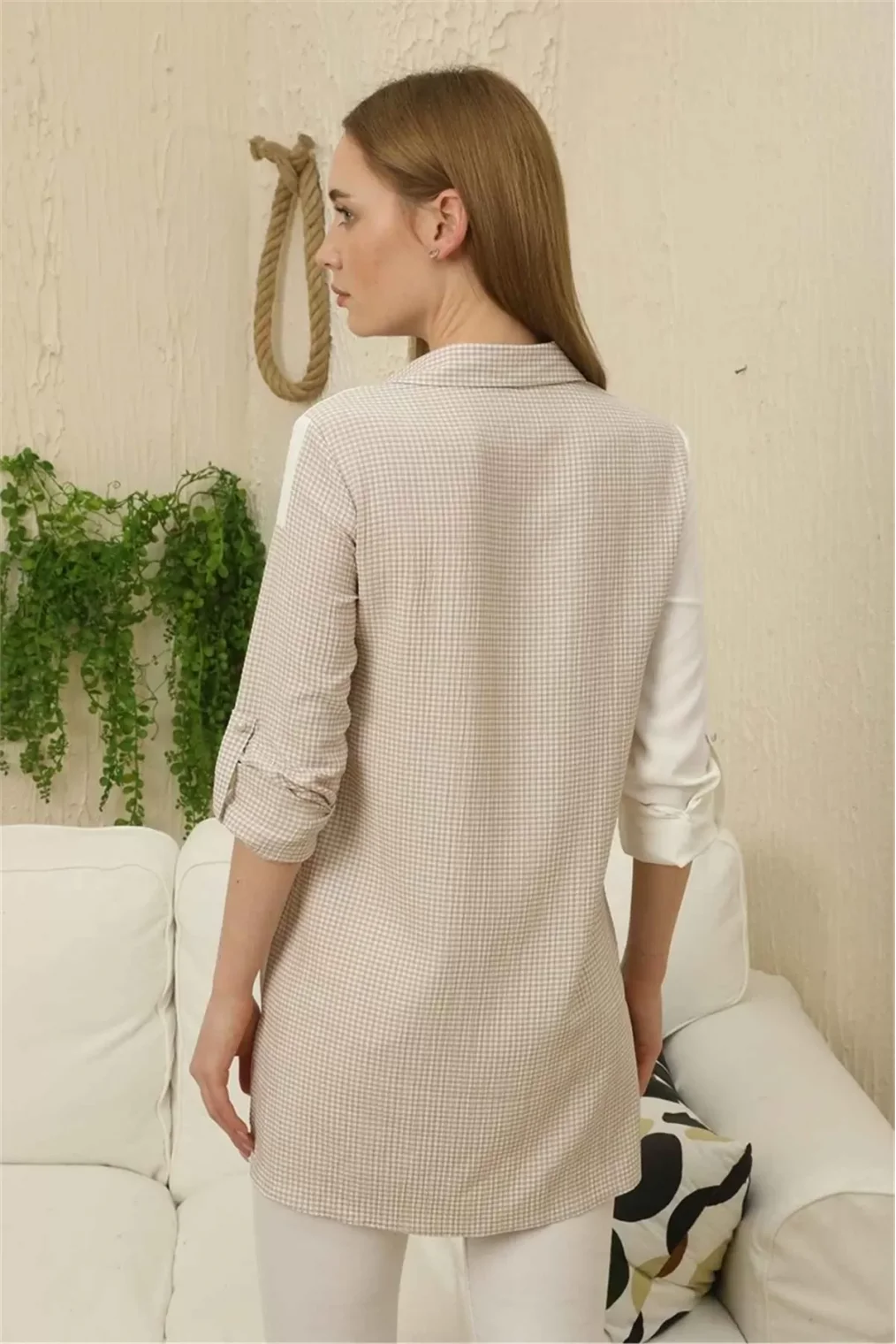 Kareli Uzun Kollu Gömlek 1756-Bej/Beyaz