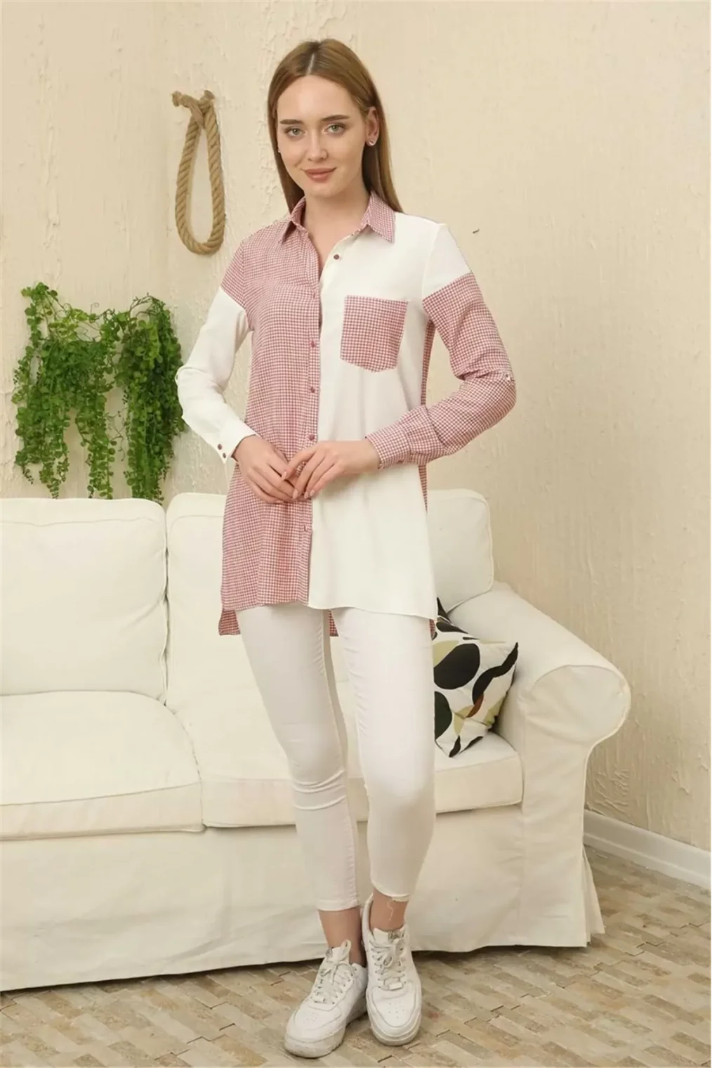 Kareli Uzun Kollu Gömlek 1756-Gül Kurusu/Beyaz