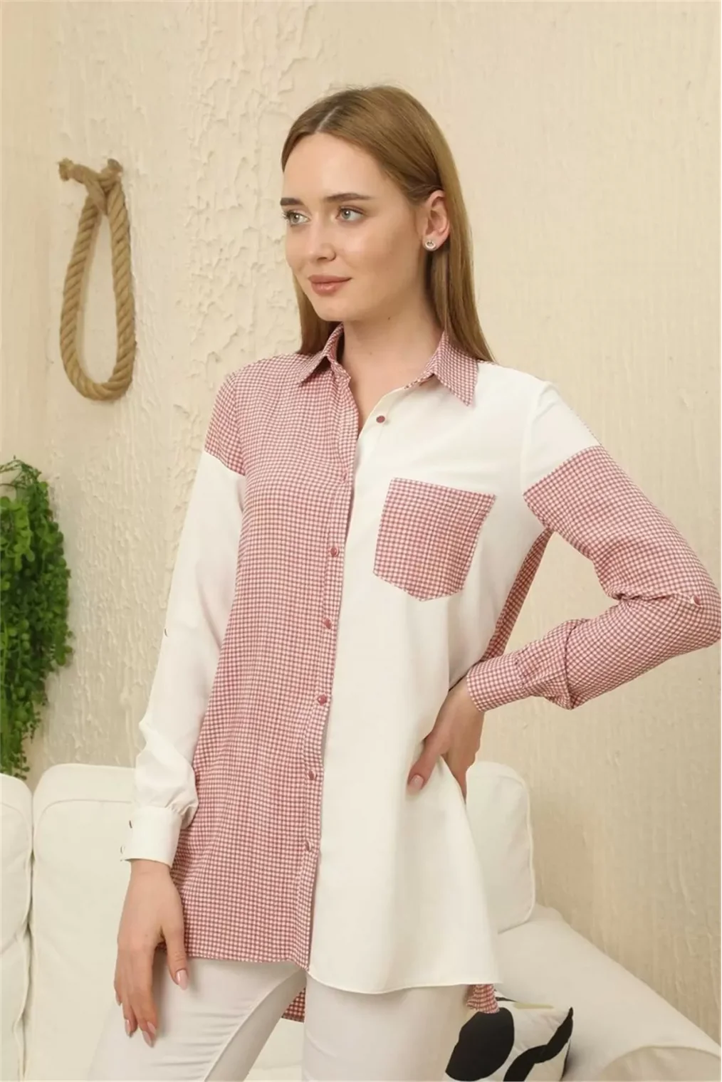 Kareli Uzun Kollu Gömlek 1756-Gül Kurusu/Beyaz