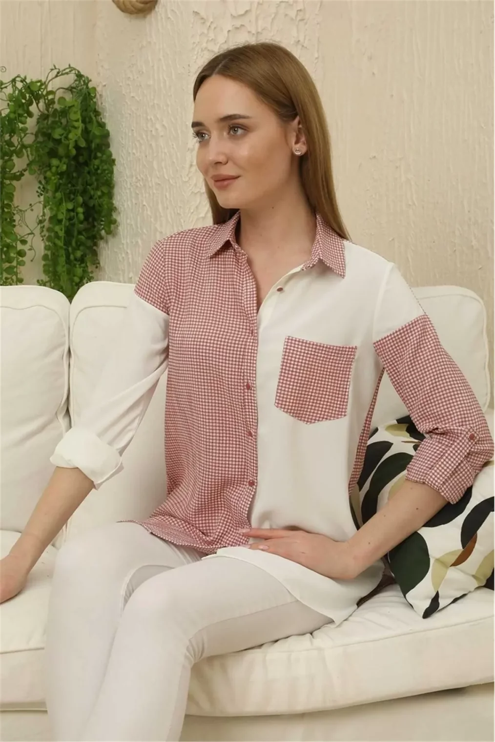 Kareli Uzun Kollu Gömlek 1756-Gül Kurusu/Beyaz