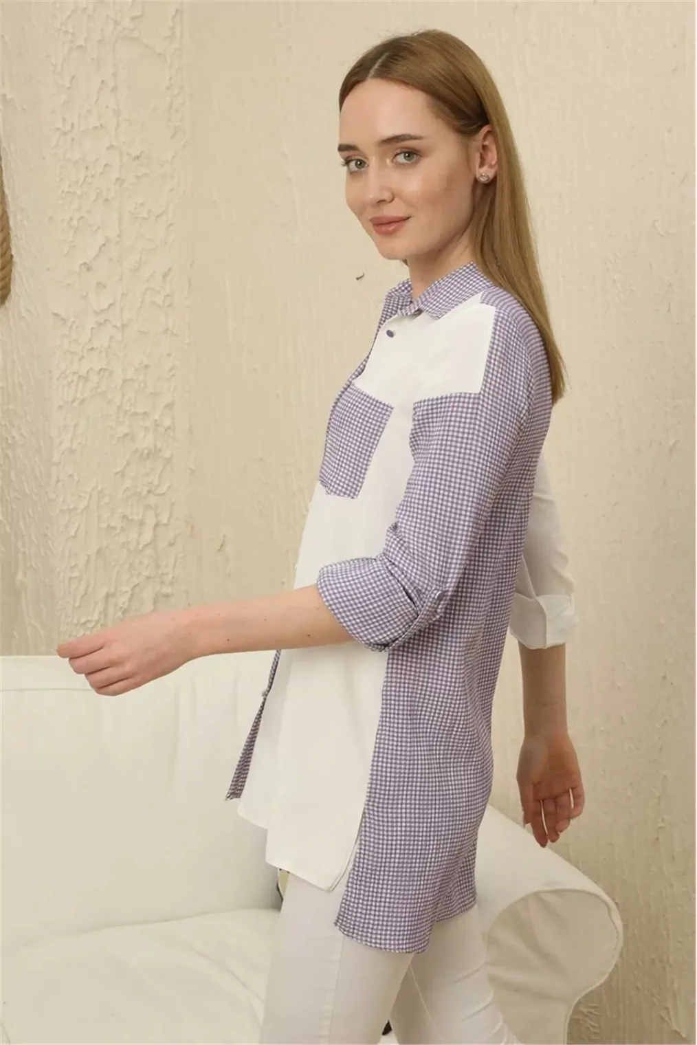 Kareli Uzun Kollu Gömlek 1756-Lila/Beyaz