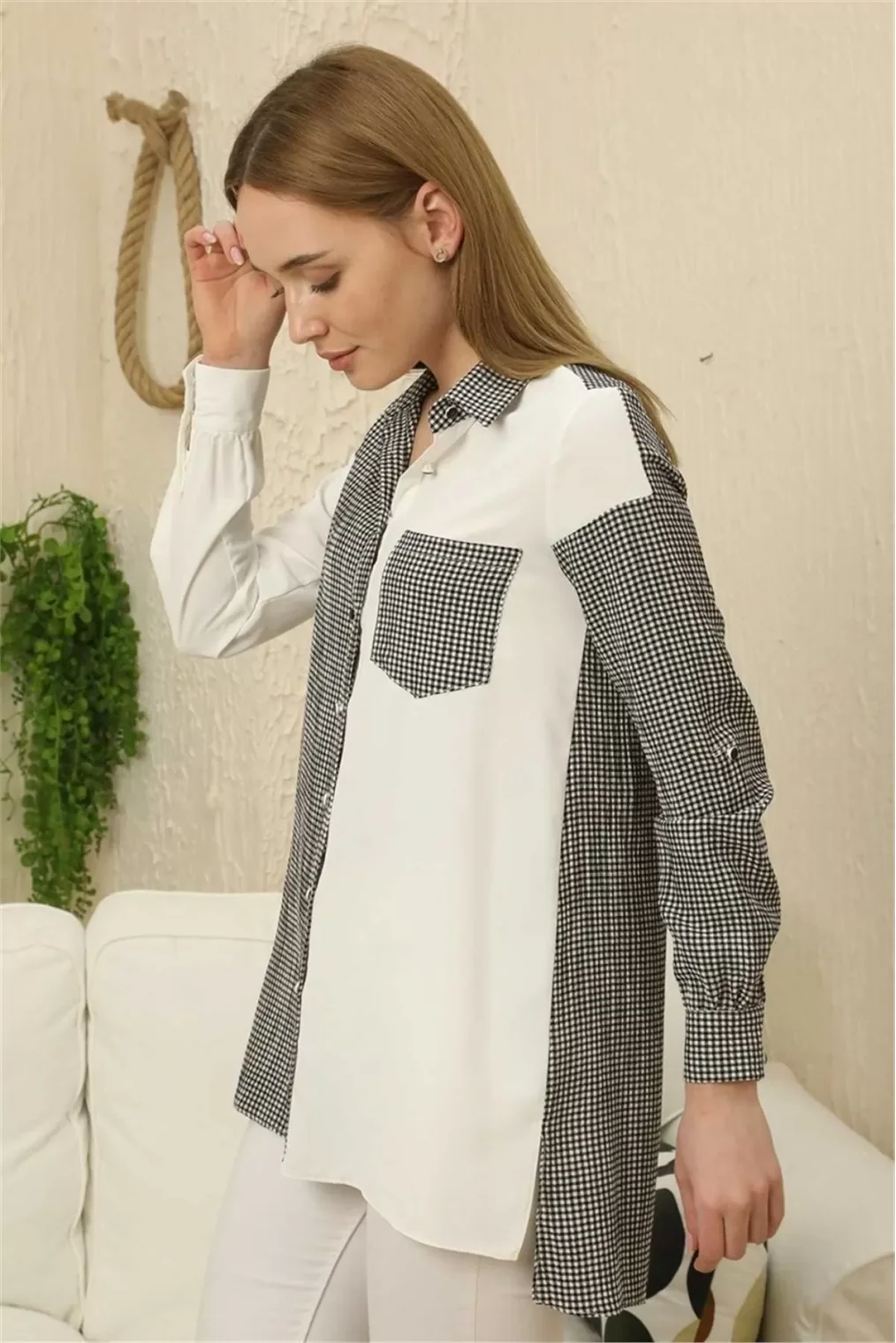 Kareli Uzun Kollu Gömlek 1756-Siyah/Beyaz