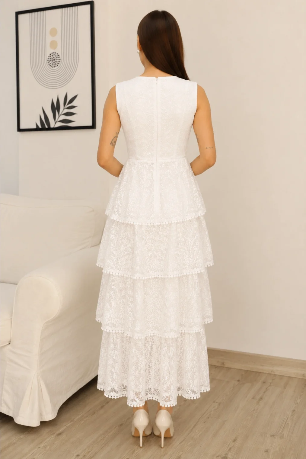 Kat Kat Midi Dantel Elbise 6061-Beyaz
