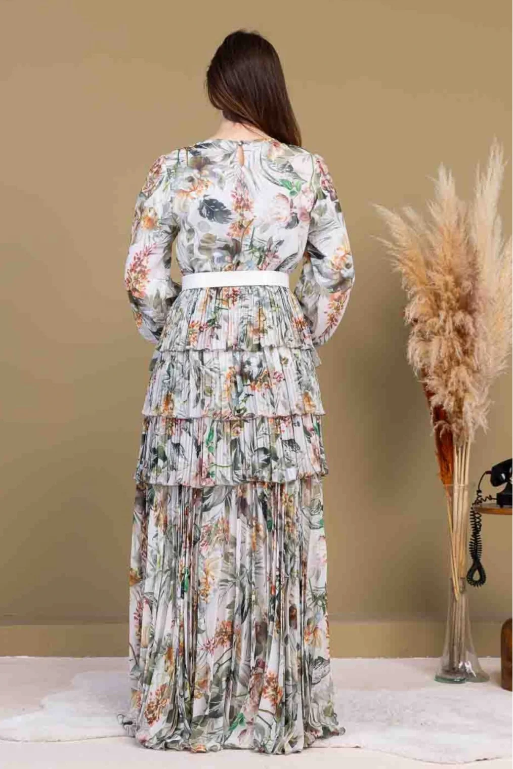 Kat Kat Pliseli Şifon Elbise 2718-Bej