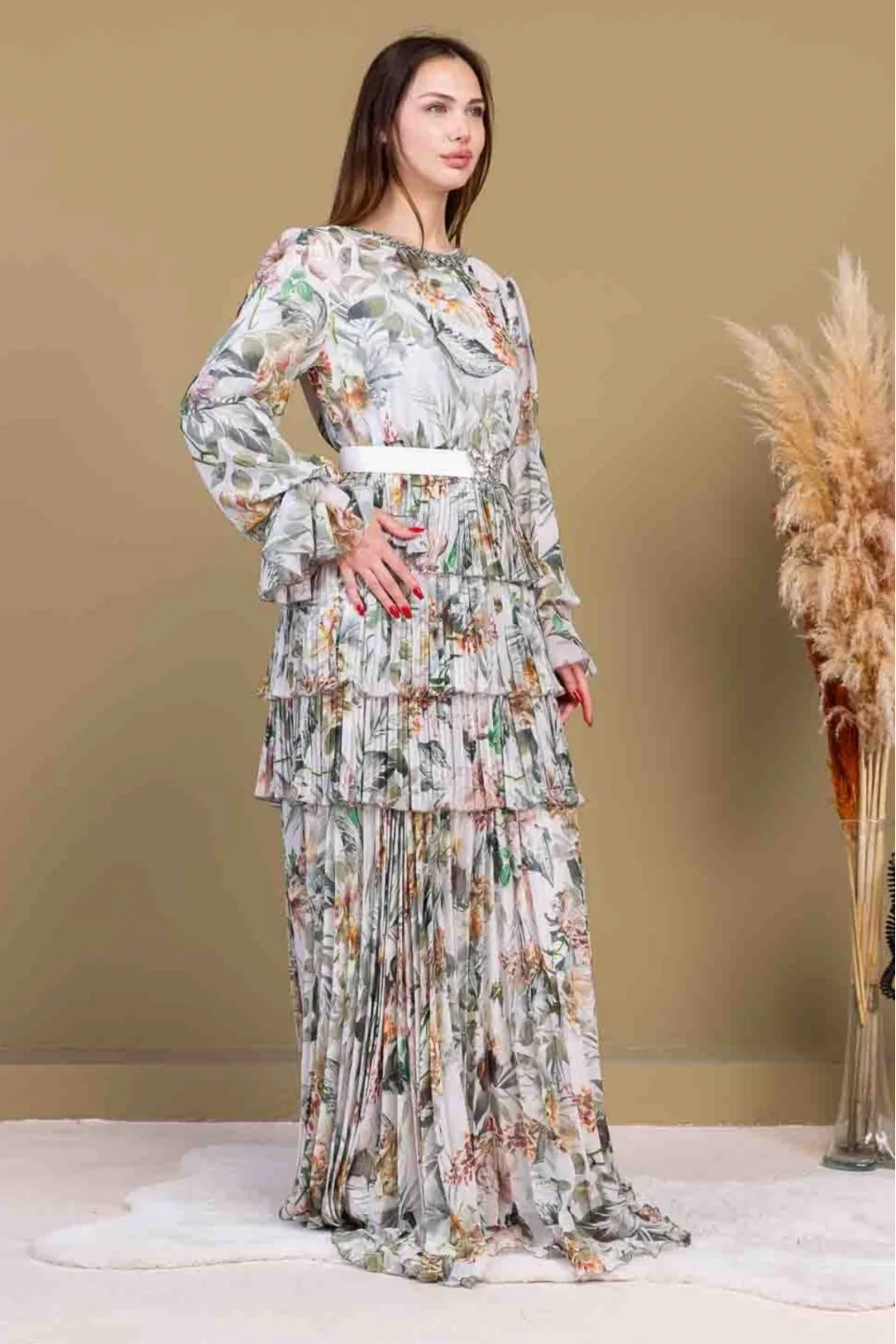 Kat Kat Pliseli Şifon Elbise 2718-Bej