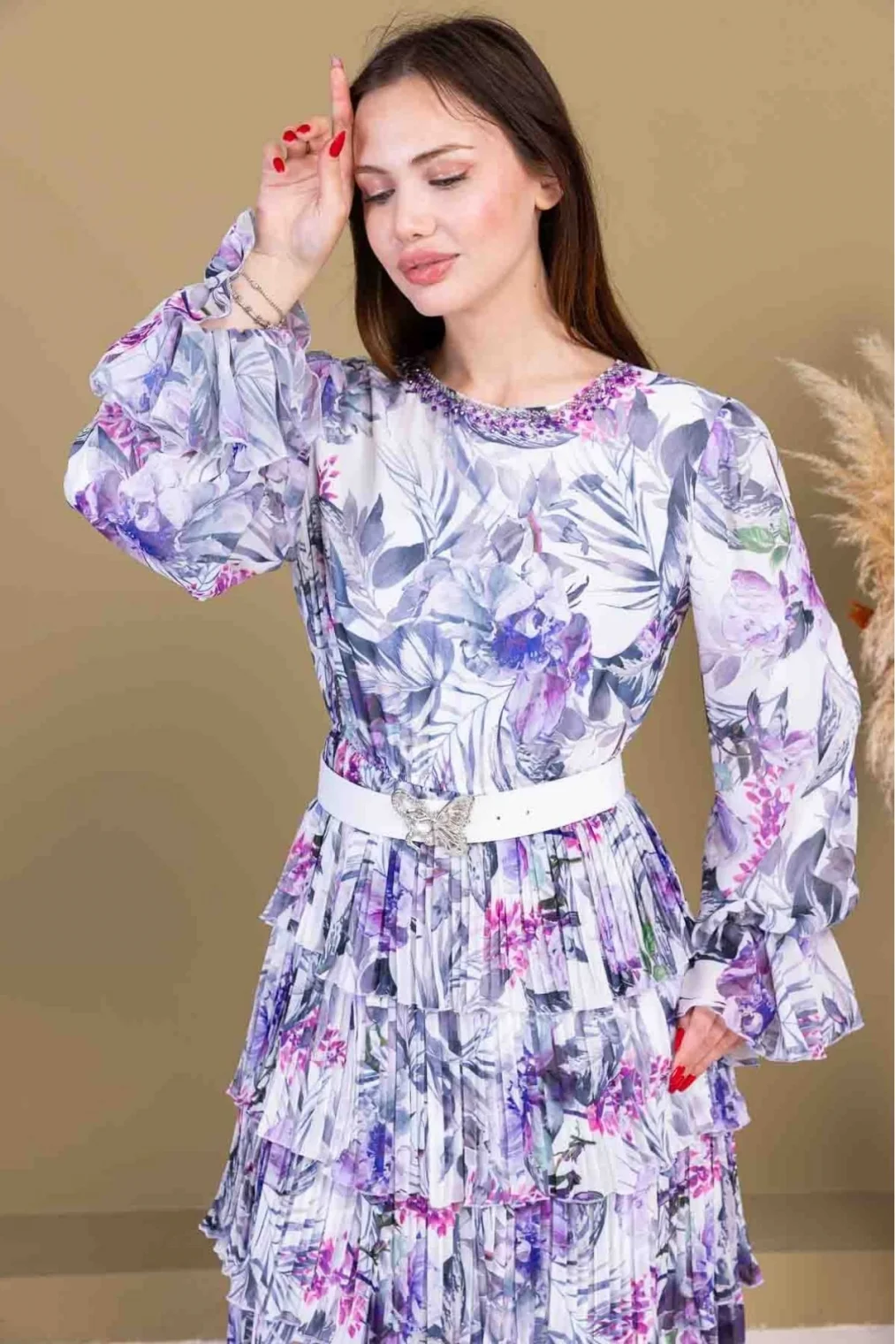 Kat Kat Pliseli Şifon Elbise 2718-Beyaz